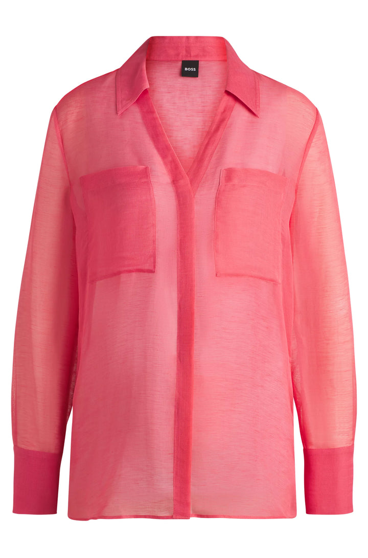 BOSS V-neck blouse in ramie with collar detail