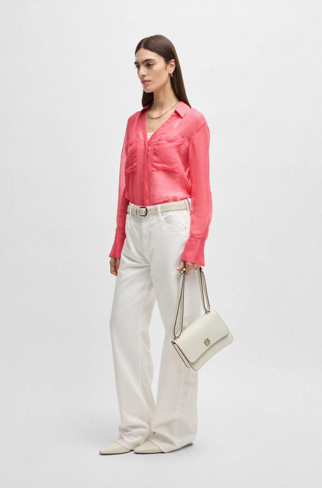 BOSS V-neck blouse in ramie with collar detail