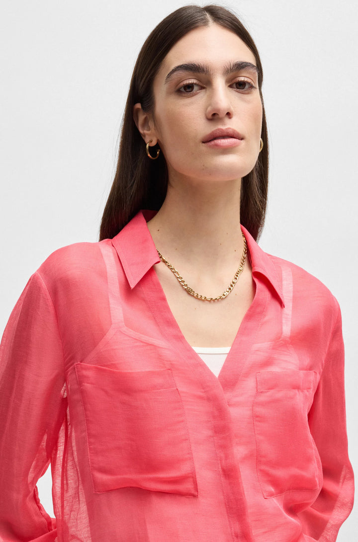 BOSS V-neck blouse in ramie with collar detail