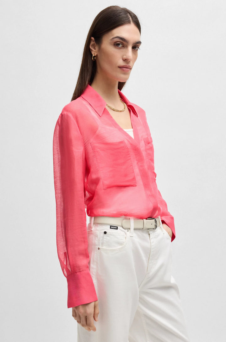 BOSS V-neck blouse in ramie with collar detail