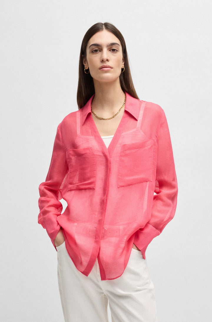 BOSS V-neck blouse in ramie with collar detail