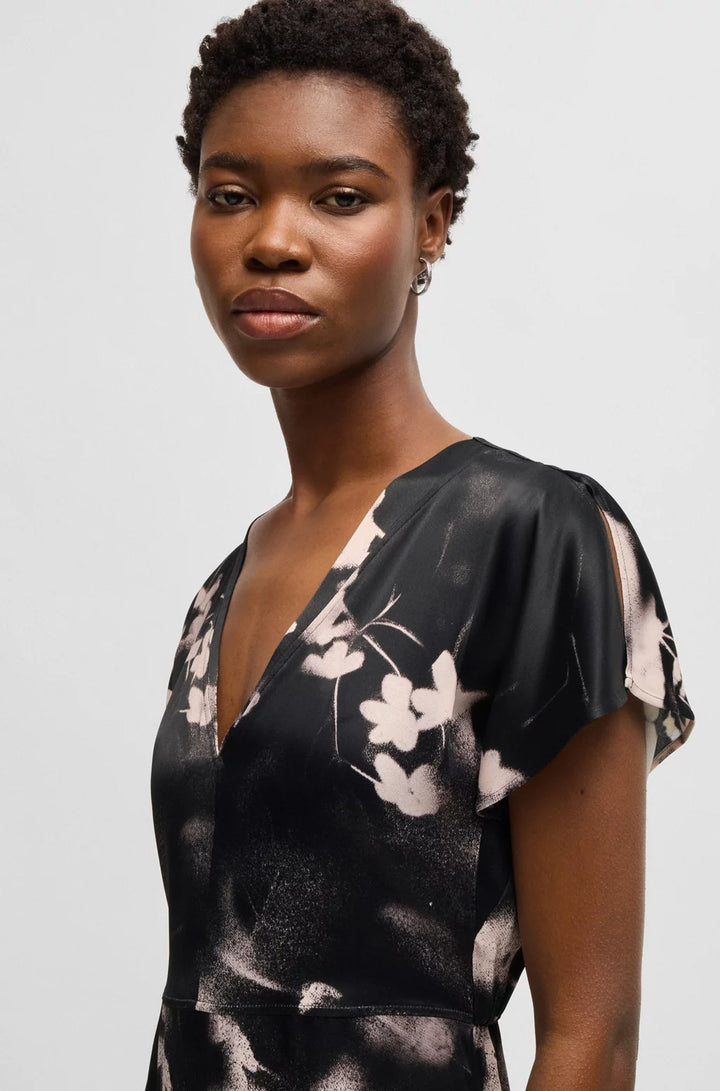 BOSS V-NECK DRESS WITH DEGRADÉ FLORAL PRINT
