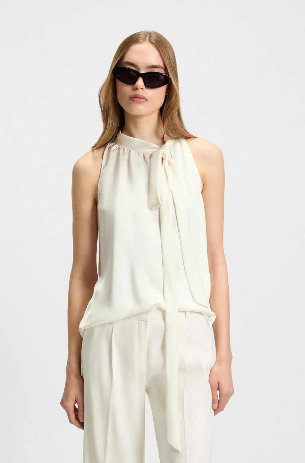 HUGO Sleeveless blouse in satin with tie neck