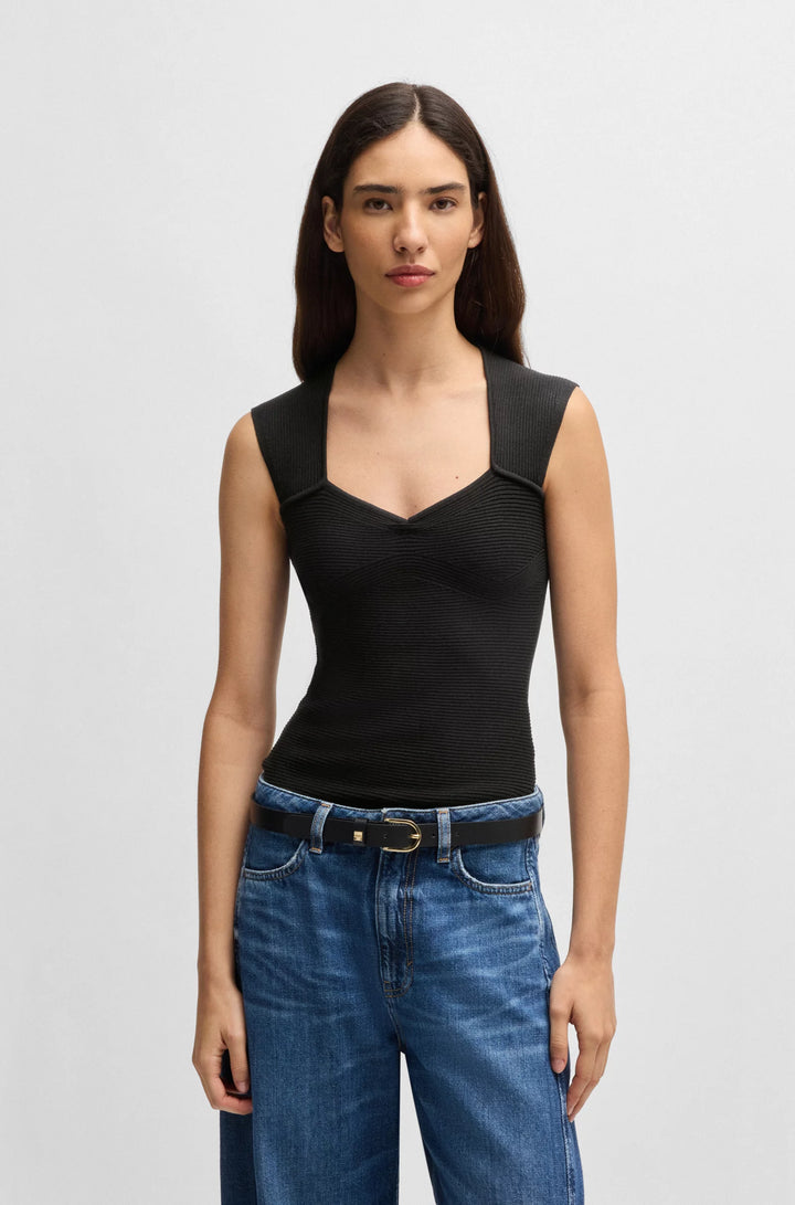 BOSS Sleeveless top in stretch fabric with mixed ribbing