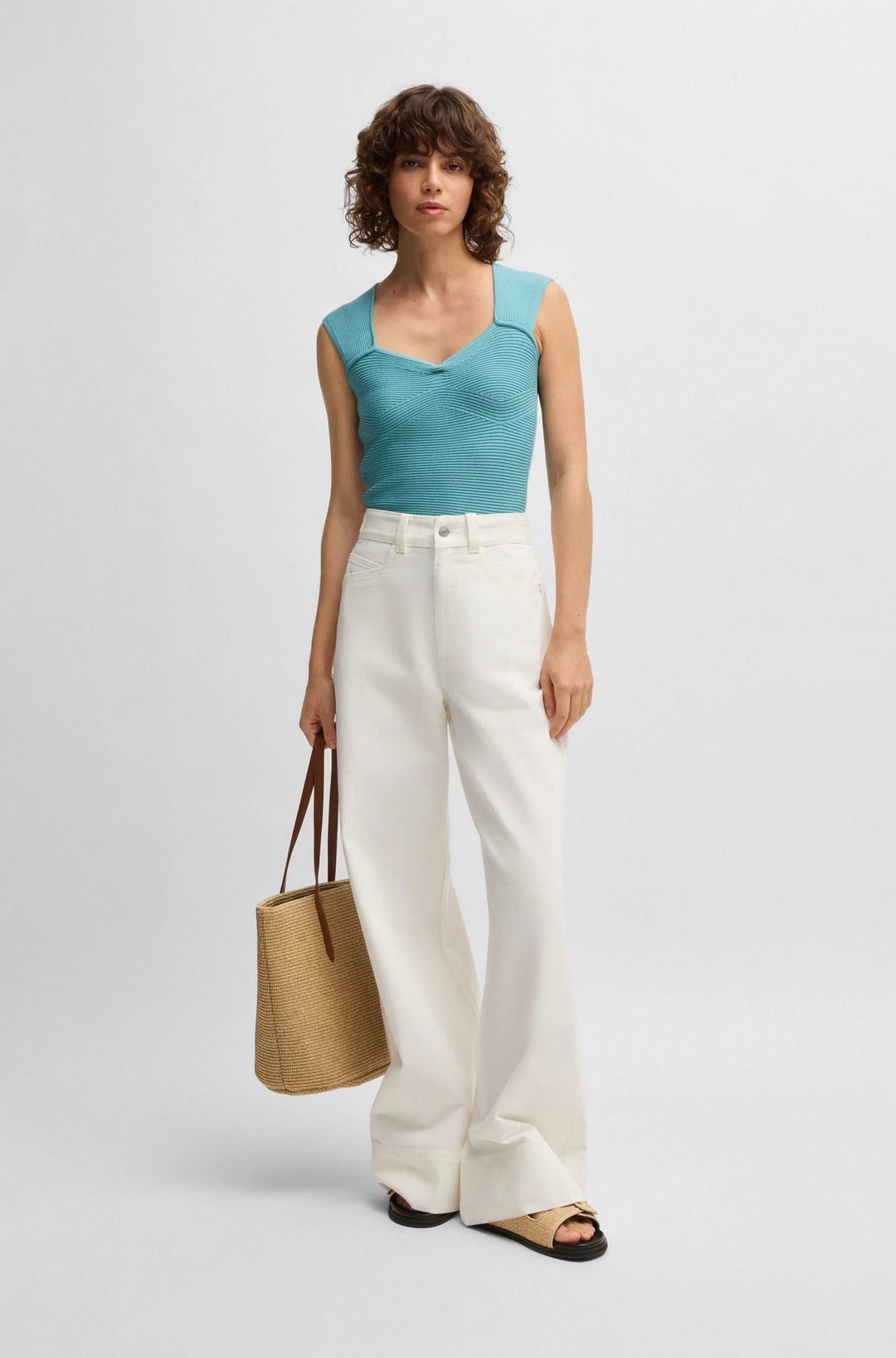 BOSS Sleeveless top in stretch fabric with mixed ribbing