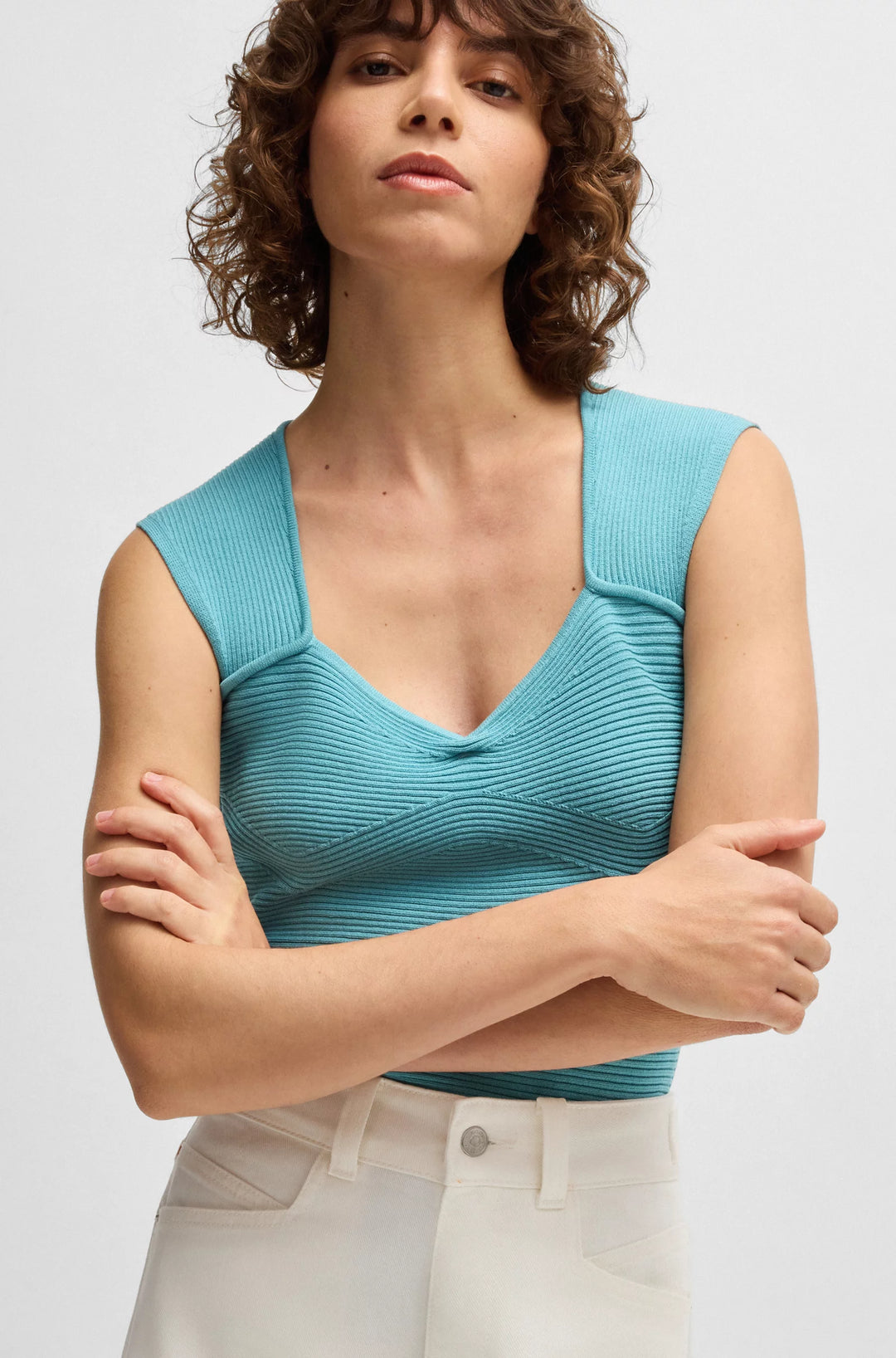 BOSS Sleeveless top in stretch fabric with mixed ribbing