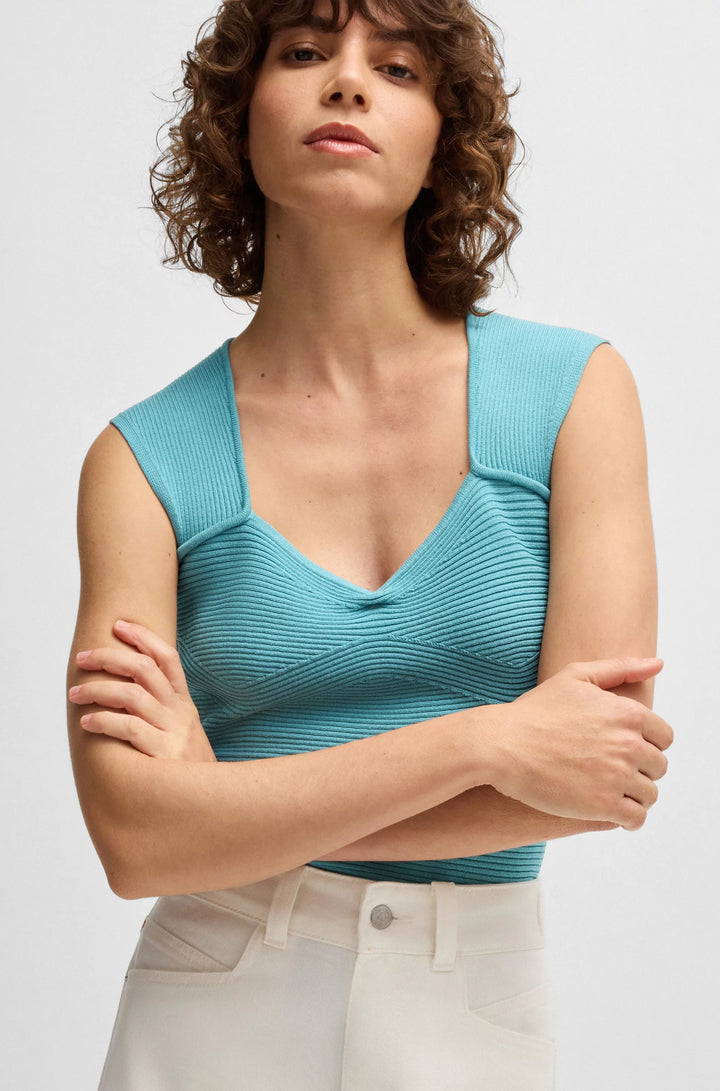 BOSS Sleeveless top in stretch fabric with mixed ribbing
