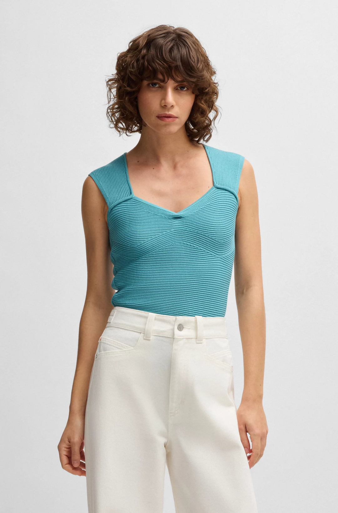 BOSS Sleeveless top in stretch fabric with mixed ribbing