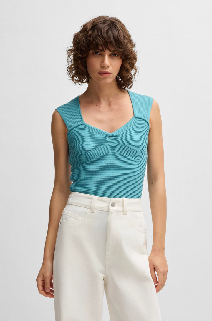 BOSS Sleeveless top in stretch fabric with mixed ribbing
