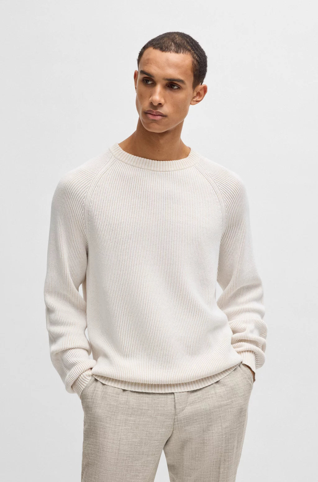 BOSS Cotton-linen sweater with striped knit