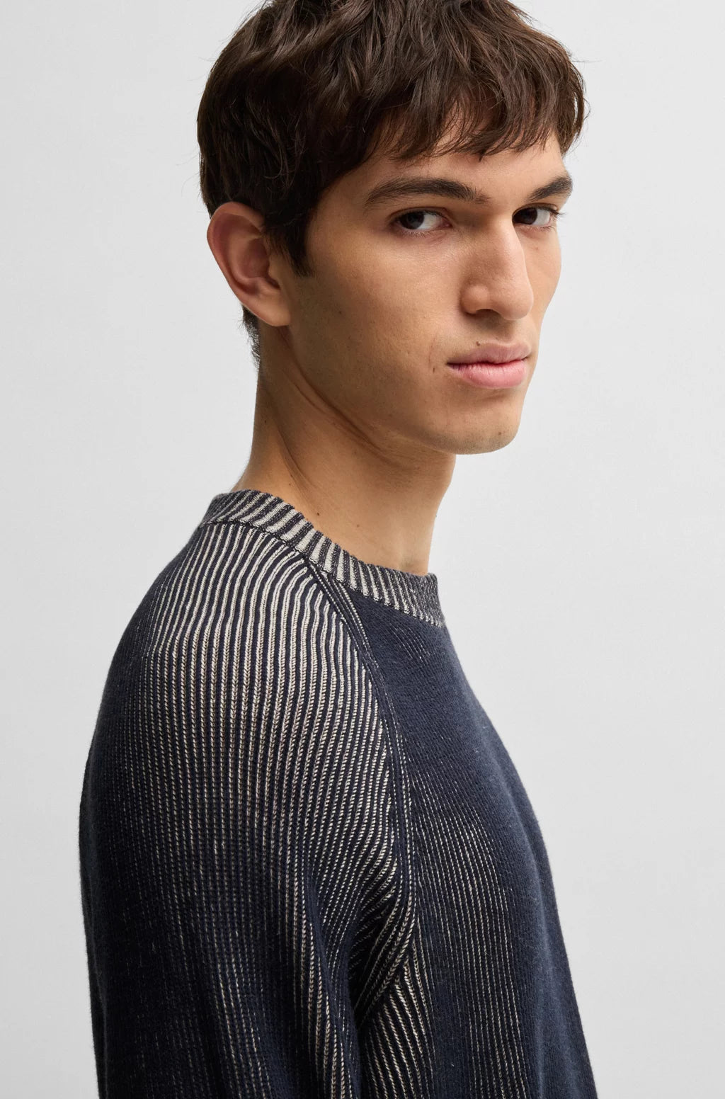 BOSS Cotton-linen sweater with striped knit