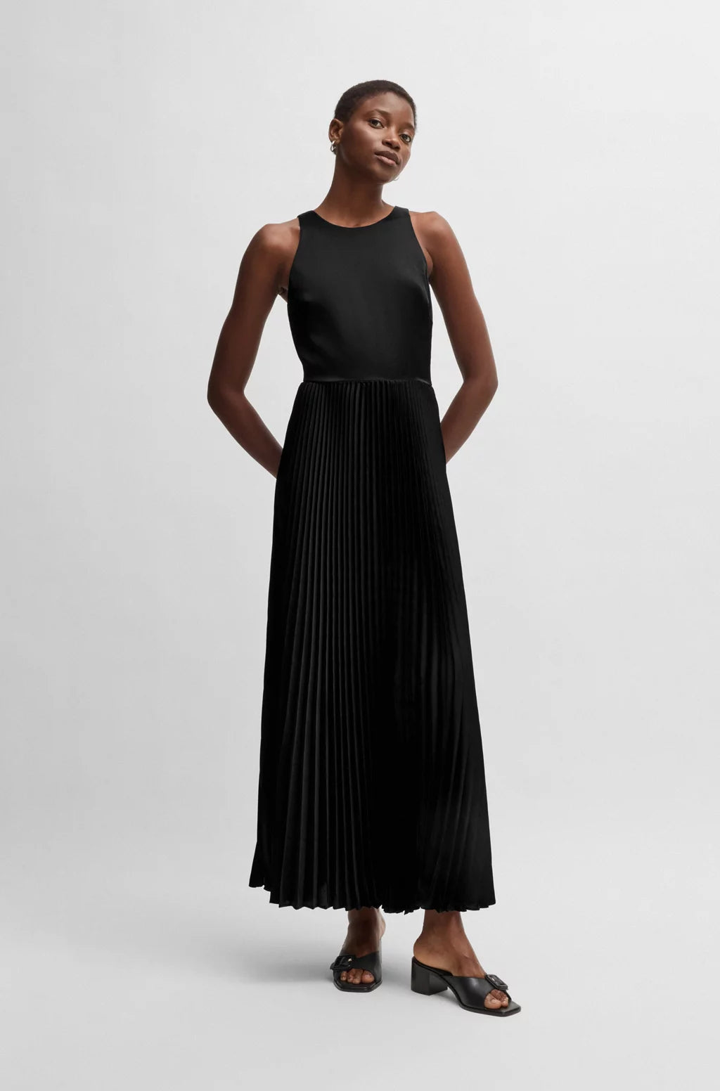 BOSS MAXI DRESS IN HAMMERED SATIN WITH PLISSÉ SKIRT