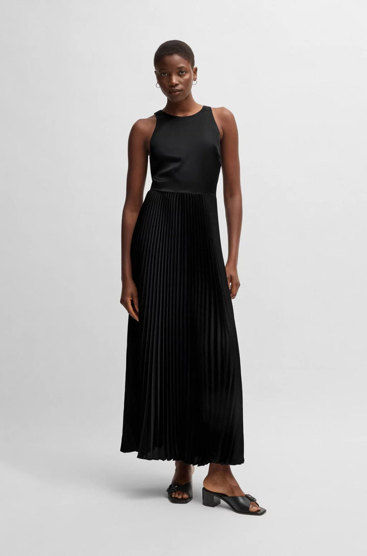 BOSS MAXI DRESS IN HAMMERED SATIN WITH PLISSÉ SKIRT