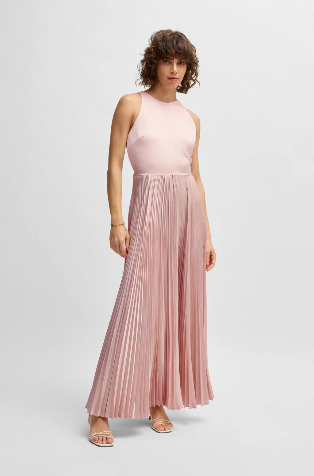 BOSS MAXI DRESS IN HAMMERED SATIN WITH PLISSÉ SKIRT