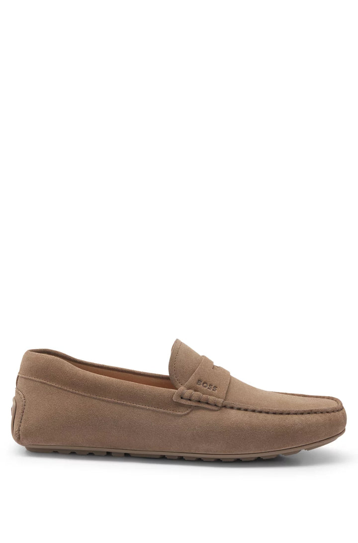 Boss Portuguese-crafted moccasin loafers in suede with penny trim