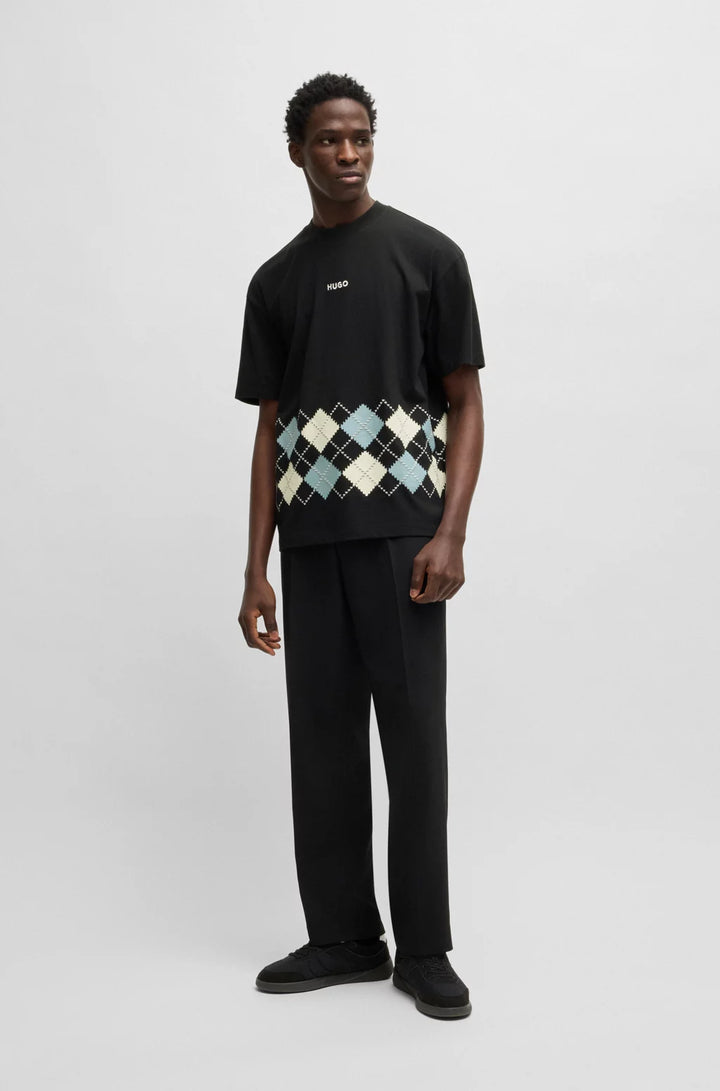 HUGO COTTON-JERSEY T-SHIRT WITH ARGYLE PATTERN