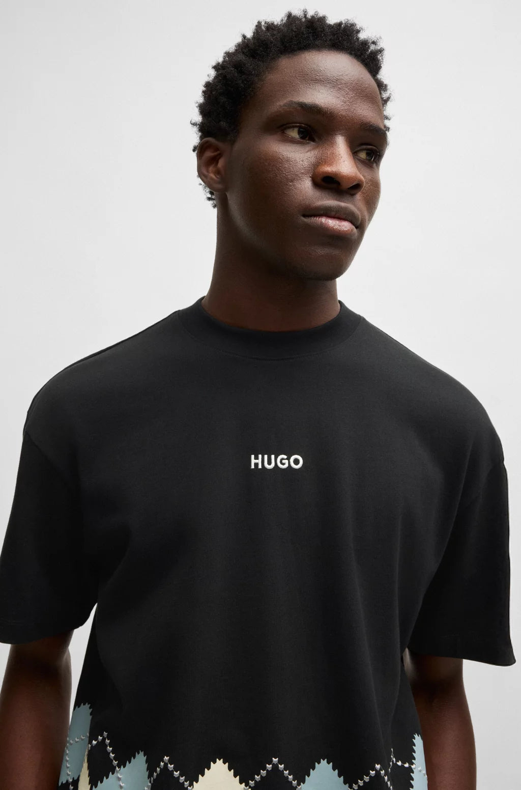 HUGO COTTON-JERSEY T-SHIRT WITH ARGYLE PATTERN