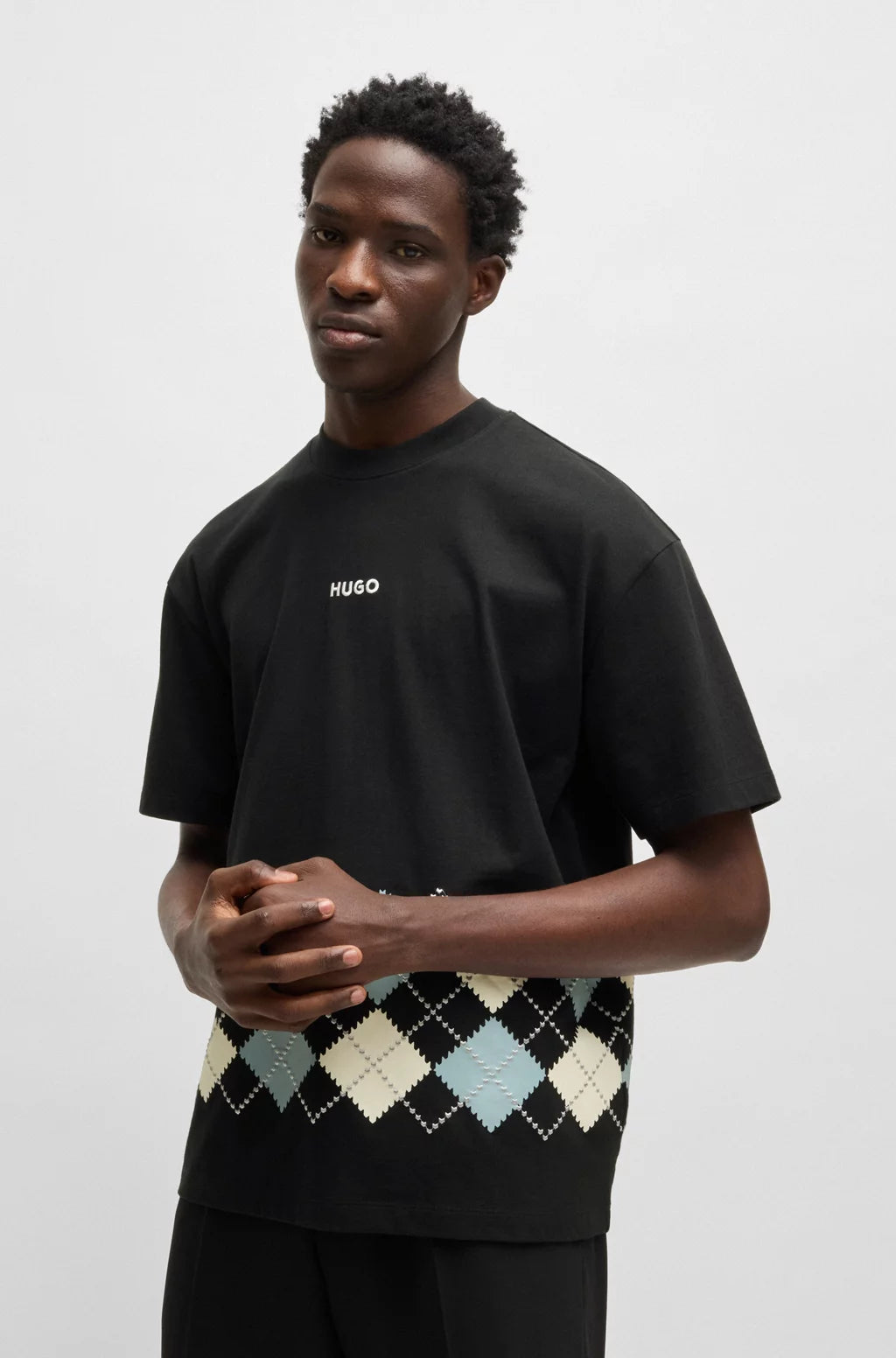 HUGO COTTON-JERSEY T-SHIRT WITH ARGYLE PATTERN