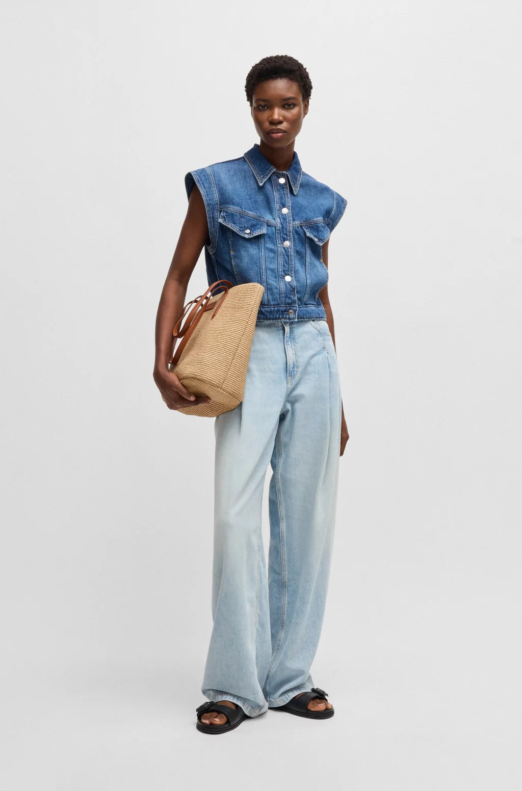 BOSS RAFFIA TOTE BAG WITH DETACHABLE POUCH