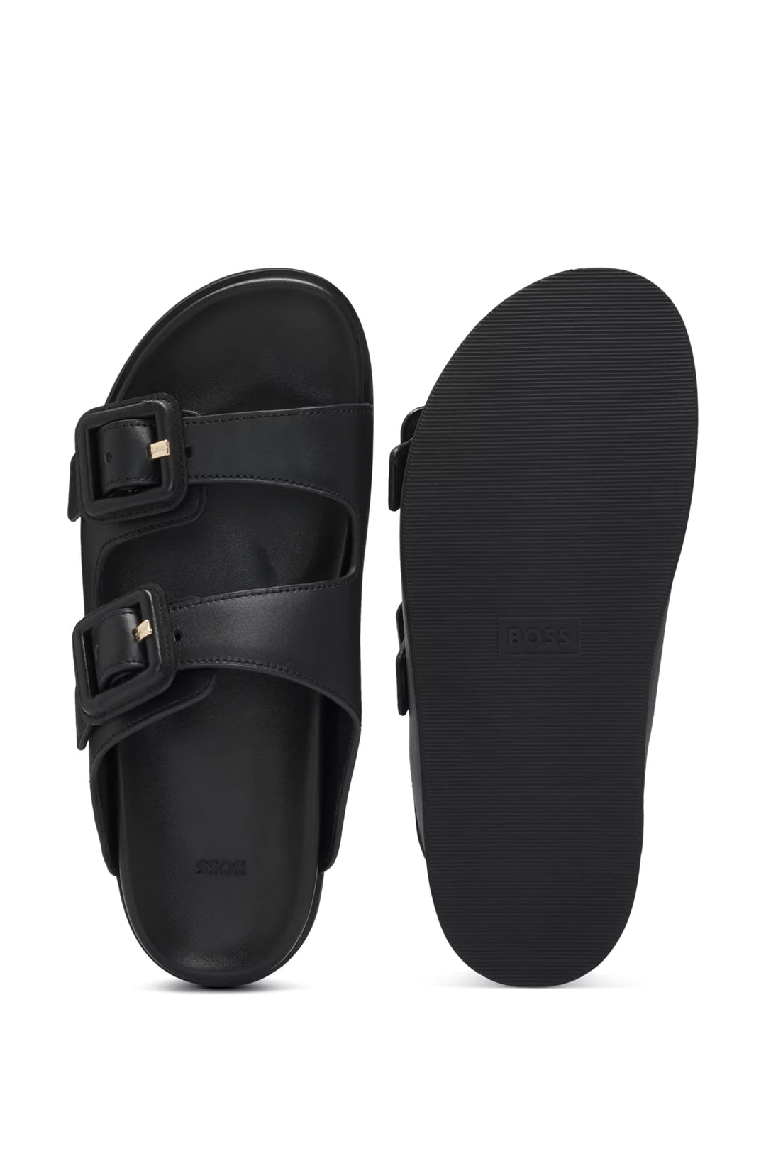 BOSS Leather slides with twin buckled straps