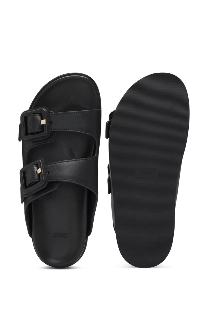 BOSS Leather slides with twin buckled straps