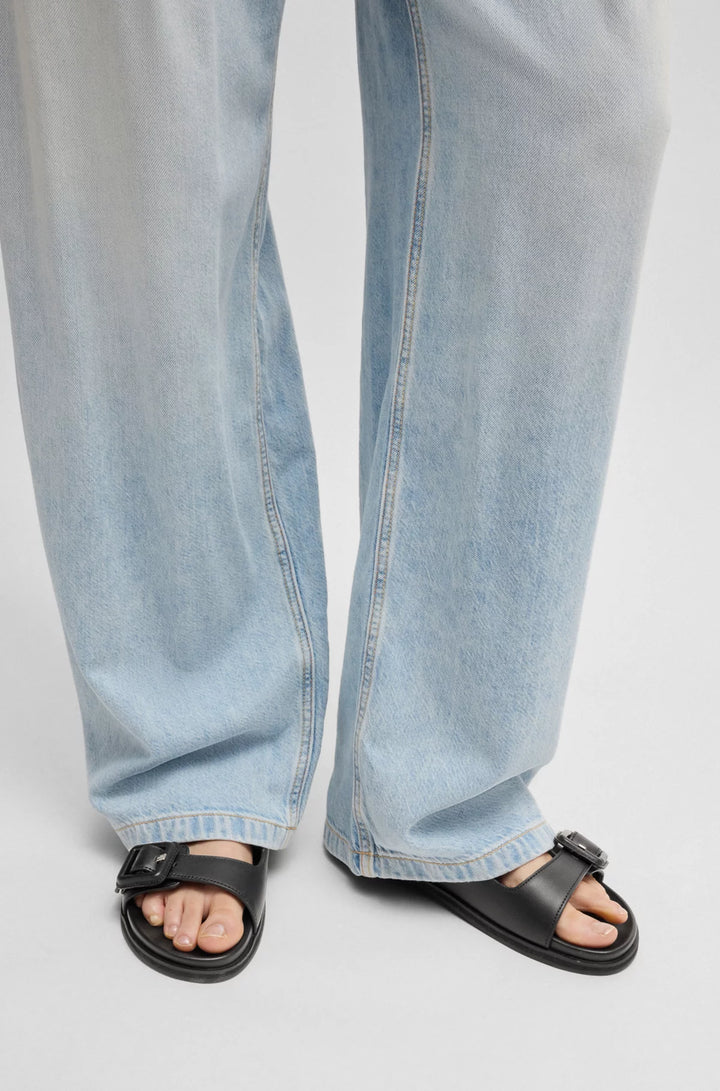 BOSS Leather slides with twin buckled straps
