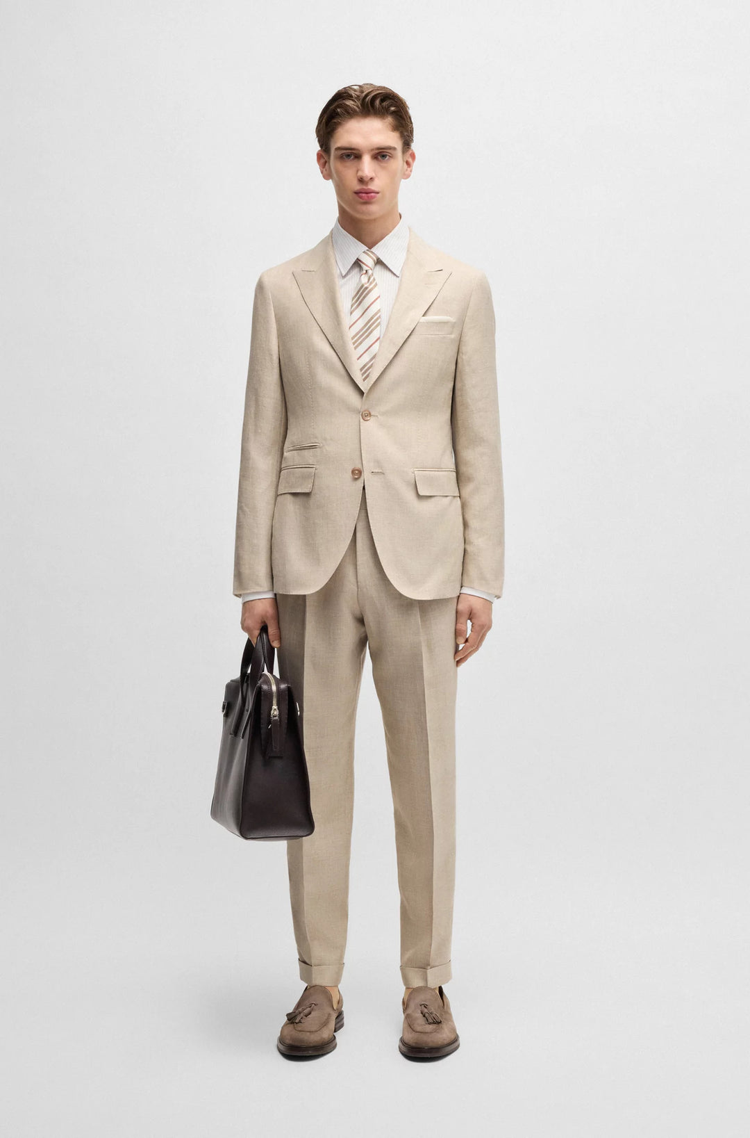 Boss Slim-fit suit in checked linen, wool and silk