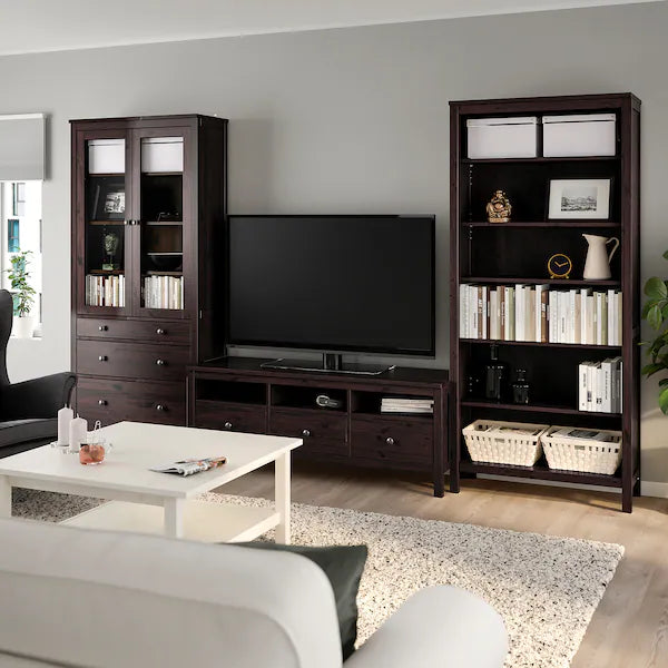 IKEA HEMNES TV storage combination, black-brown/clear glass, 128 3/8x77 1/2 "