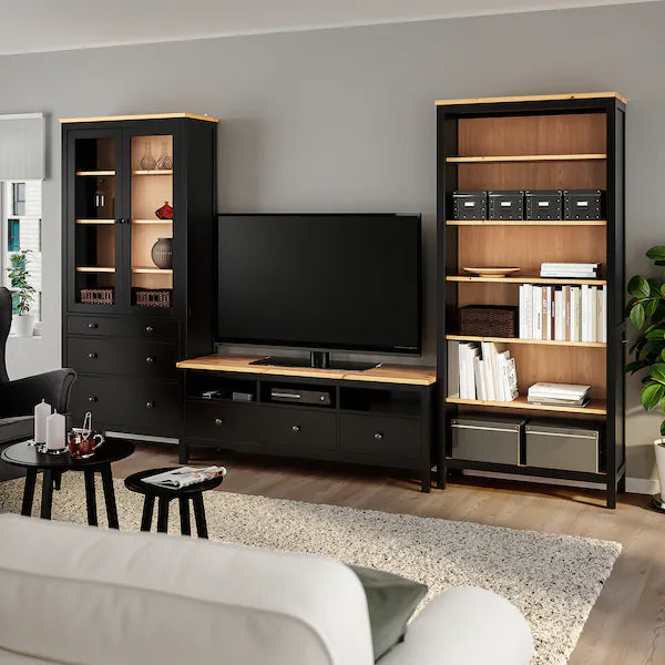 IKEA HEMNES TV storage combination, black-brown/light brown clear glass, 128 3/8x77 1/2 "