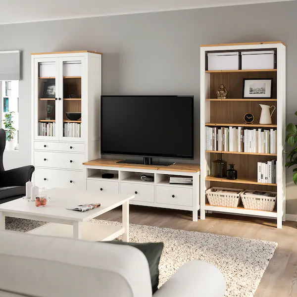 IKEA HEMNES TV storage combination, white stain/light brown clear glass, 128 3/8x77 1/2 "