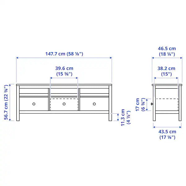 IKEA HEMNES TV unit, white stain, 58 1/4x18 1/2x22 1/2 "