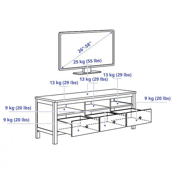 IKEA HEMNES TV unit, white stain, 58 1/4x18 1/2x22 1/2 "