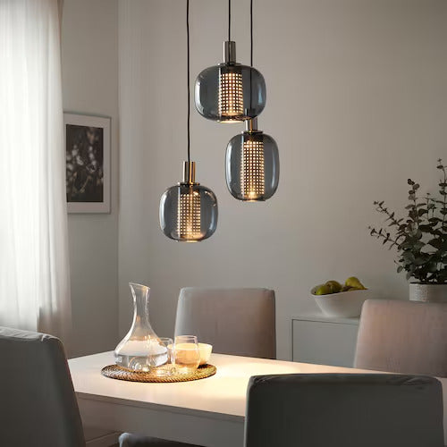 IKEA HÖGVIND Pendant lamp with 3 lamps, nickel plated/gray glass, 16 "