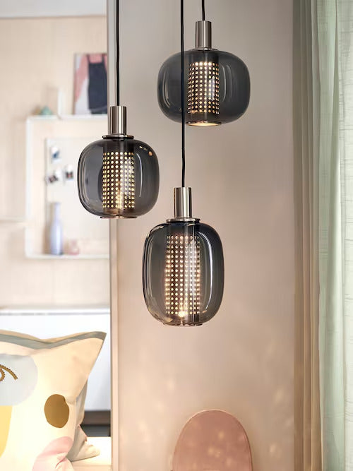 IKEA HÖGVIND Pendant lamp with 3 lamps, nickel plated/gray glass, 16 "