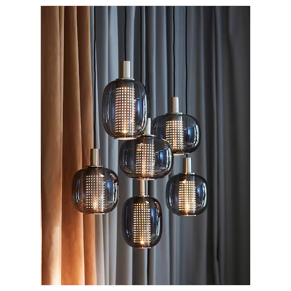 IKEA HÖGVIND Pendant lamp with 3 lamps, nickel plated/gray glass, 16 "