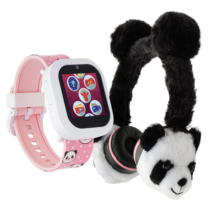 iTech Junior iTech Jr Kids Girls Fuzzy Black White Panda Smartwatch with On Ear Bluetooth Headphones