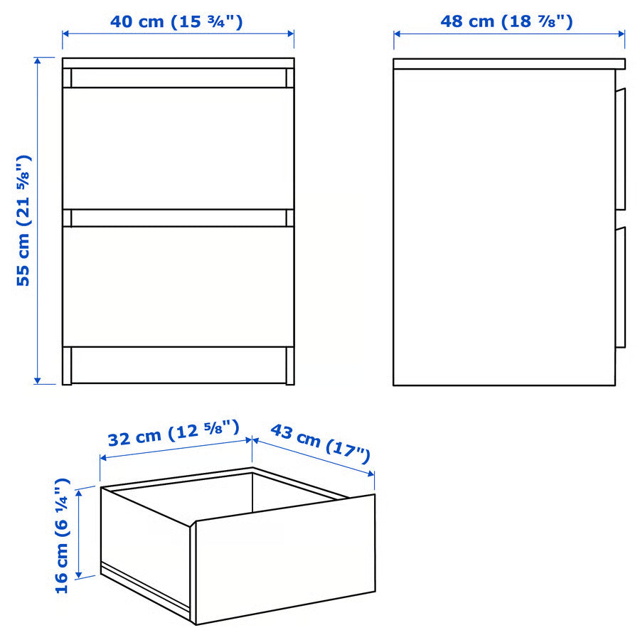 IKEA MALM 2-drawer chest, gray stained, 15 3/4x21 5/8 "