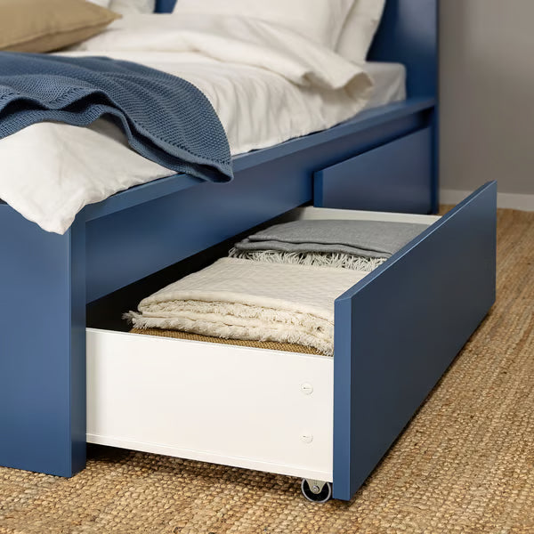 IKEA MALM High bed frame/2 storage boxes, blue/Luröy, Queen