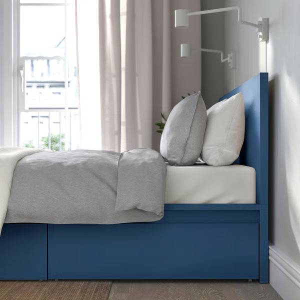 IKEA MALM High bed frame/2 storage boxes, blue/Luröy, Queen