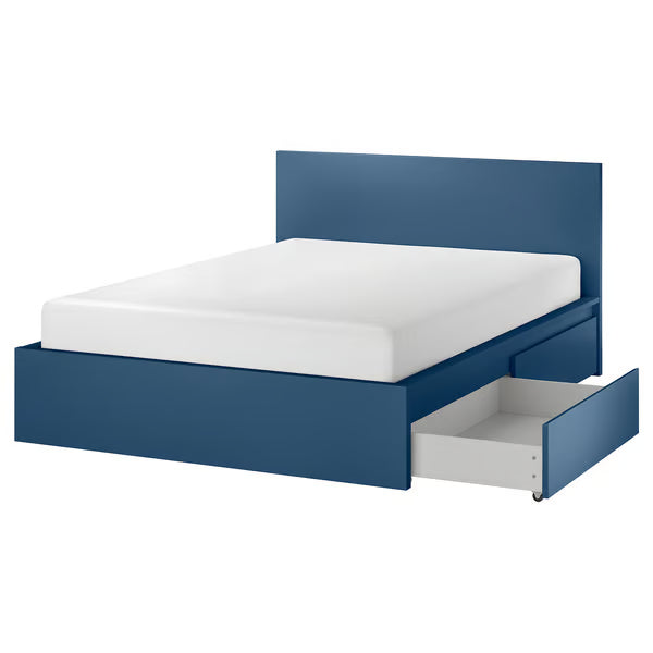 IKEA MALM High bed frame/2 storage boxes, blue/Luröy, Queen