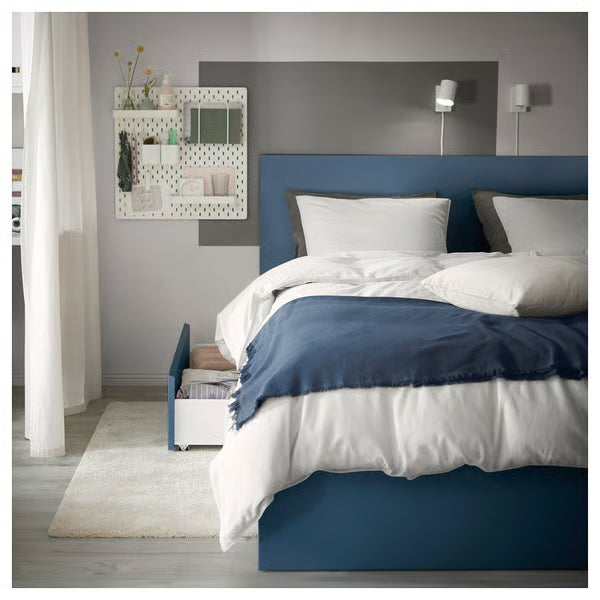 IKEA MALM High bed frame/2 storage boxes, blue/Luröy, Queen