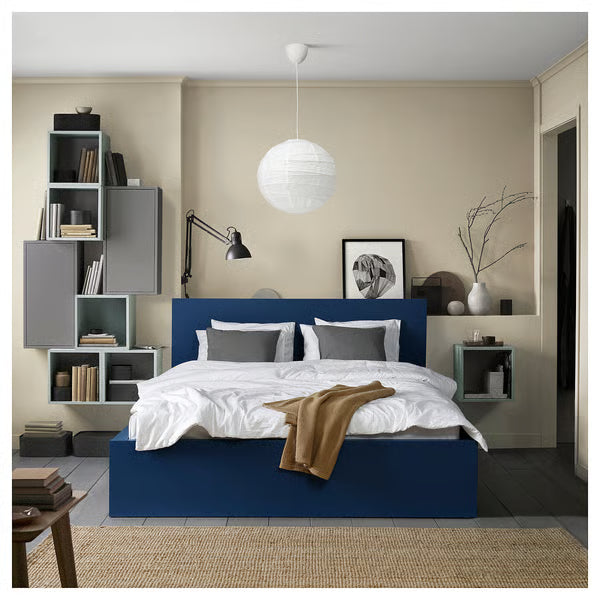IKEA MALM High bed frame/2 storage boxes, blue/Luröy, Queen