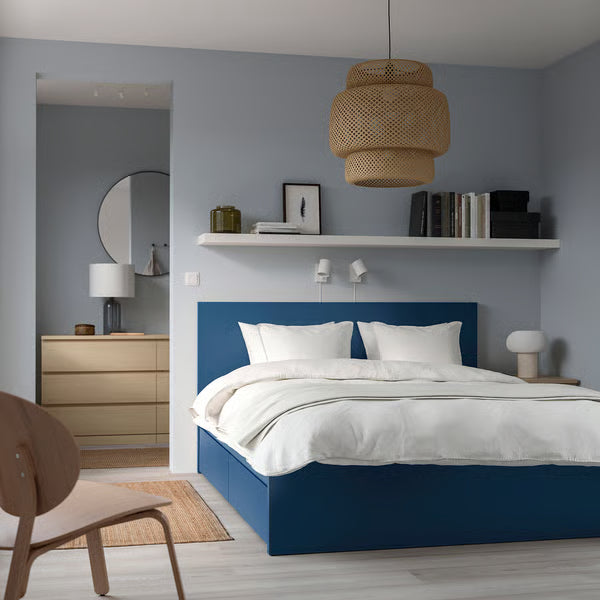 IKEA MALM High bed frame/2 storage boxes, blue/Luröy, Queen