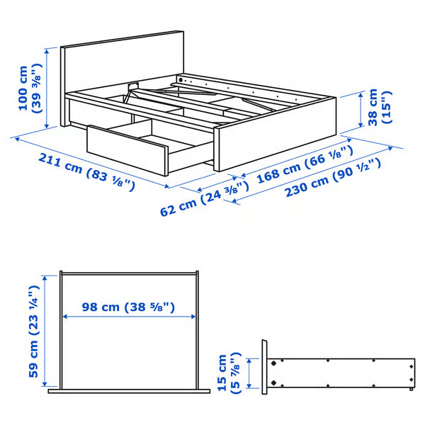 IKEA MALM High bed frame/2 storage boxes, oak veneer/Luröy,