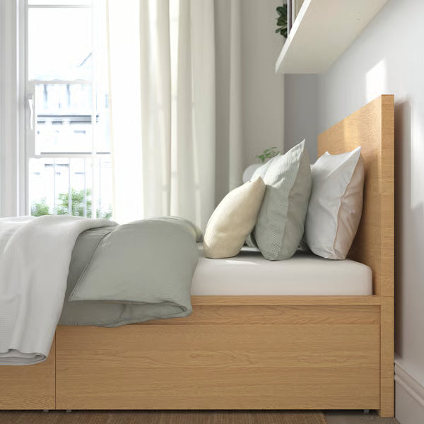 IKEA MALM High bed frame/2 storage boxes, oak veneer/Luröy,