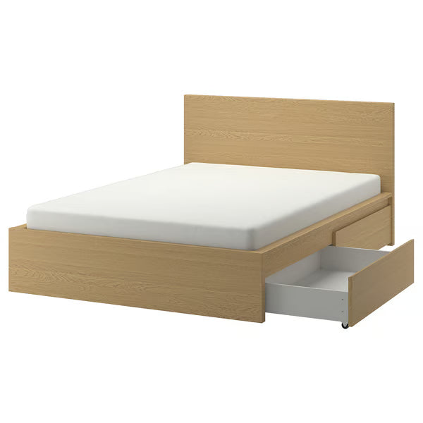 IKEA MALM High bed frame/2 storage boxes, oak veneer/Luröy,