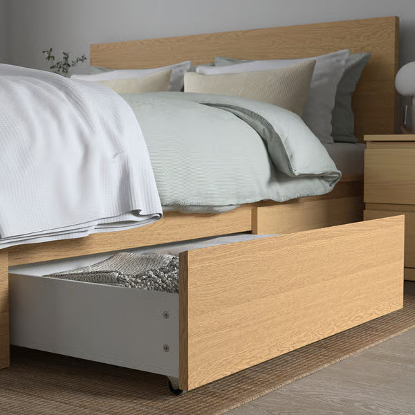 IKEA MALM High bed frame/2 storage boxes, oak veneer/Luröy,