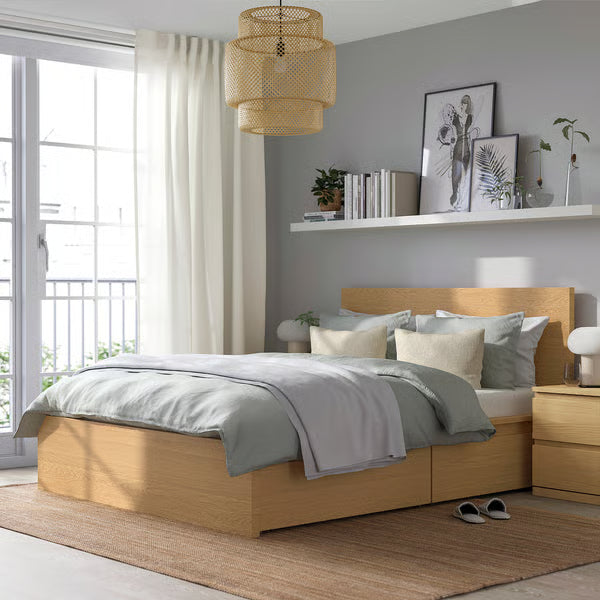 IKEA MALM High bed frame/2 storage boxes, oak veneer/Luröy,
