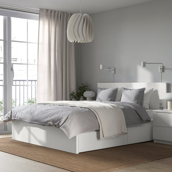 IKEA MALM High bed frame/2 storage boxes, white/Luröy, Queen