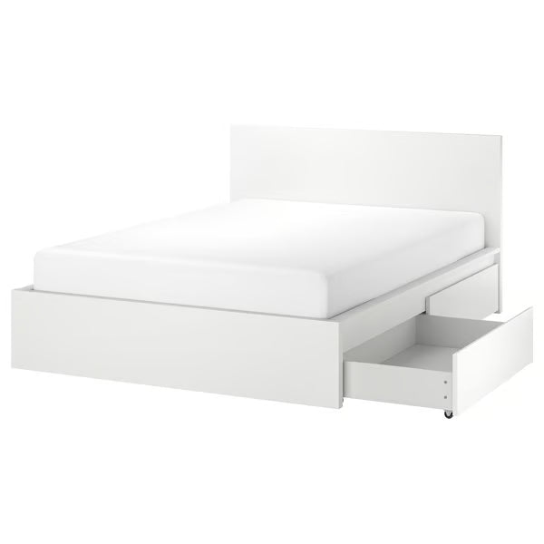 IKEA MALM High bed frame/2 storage boxes, white/Luröy, Queen